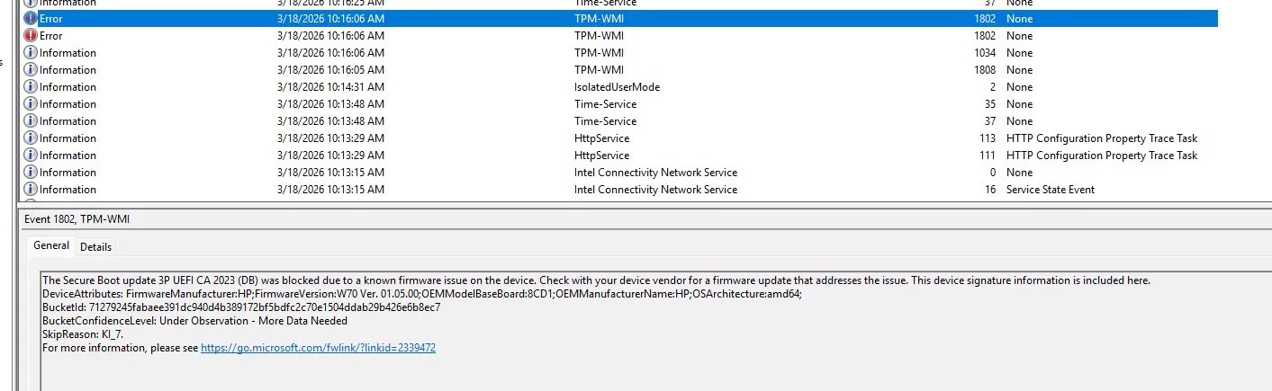 Event Viewer System log showing TPM-WMI Error Event 1802: The Secure Boot update 3P UEFI CA 2023 DB was blocked due to a known firmware issue on the device