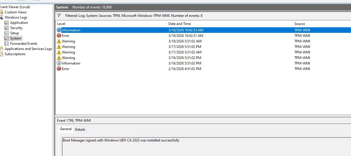 Event Viewer System log filtered by TPM and TPM-WMI showing Event 1799: Boot Manager signed with Windows UEFI CA 2023 was installed successfully