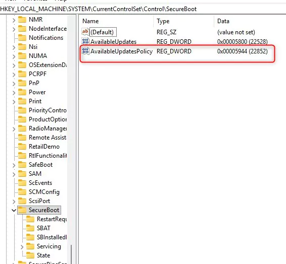 Registry Editor showing HKLM\SYSTEM\CurrentControlSet\Control\SecureBoot with AvailableUpdates and AvailableUpdatesPolicy DWORD values set
