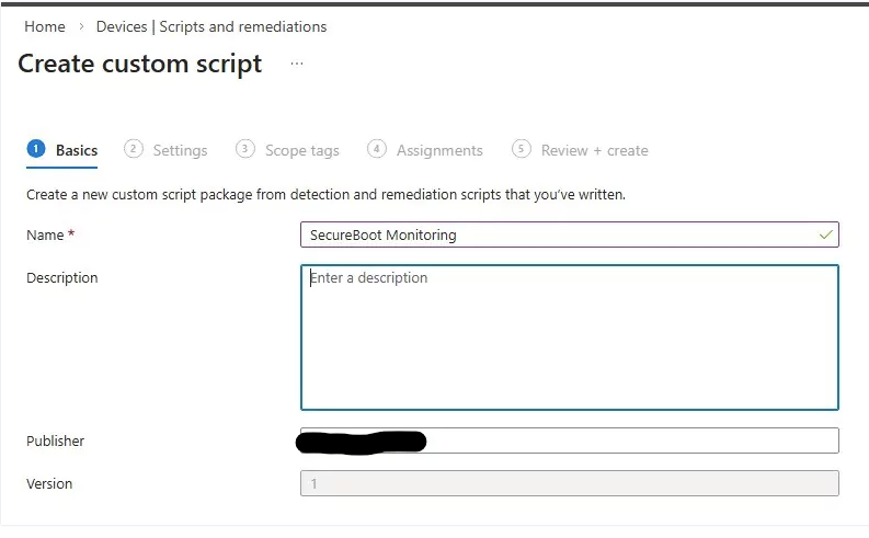 Create custom script Basics tab with Name field showing SecureBoot Monitoring
