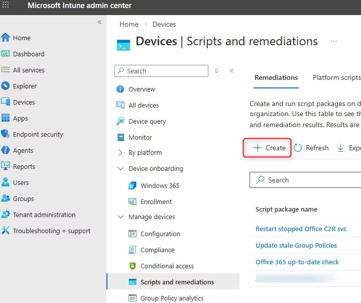 Intune Scripts and remediations page with Create button highlighted in red