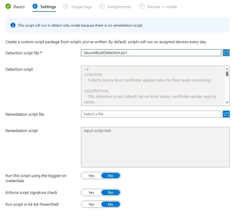 Create custom script Settings tab showing detection script file uploaded, script preview, and Run this script using logged-on credentials set to No, Run script in 64-bit PowerShell set to No
