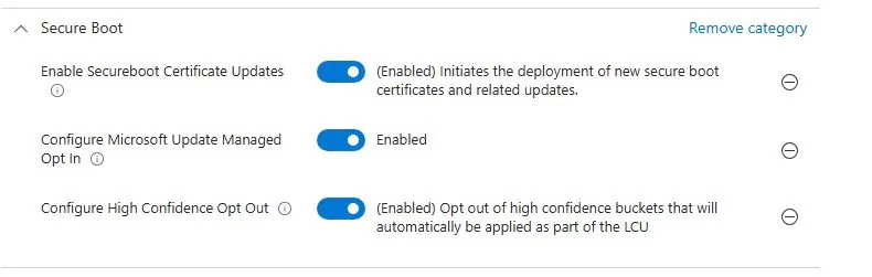 Secure Boot settings category showing Enable Secureboot Certificate Updates, Configure Microsoft Update Managed Opt In, and Configure High Confidence Opt Out all toggled on