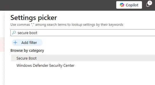 Settings picker with secure boot typed in search showing Secure Boot and Windows Defender Security Center categories