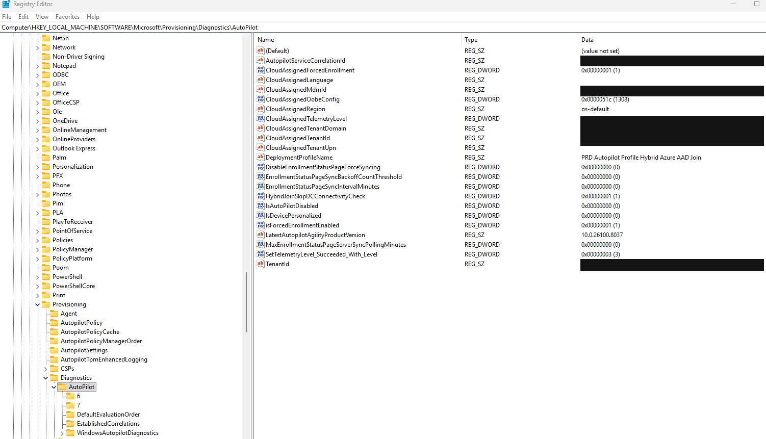 Registry Editor showing HKLM Software Microsoft Provisioning Diagnostics Autopilot values