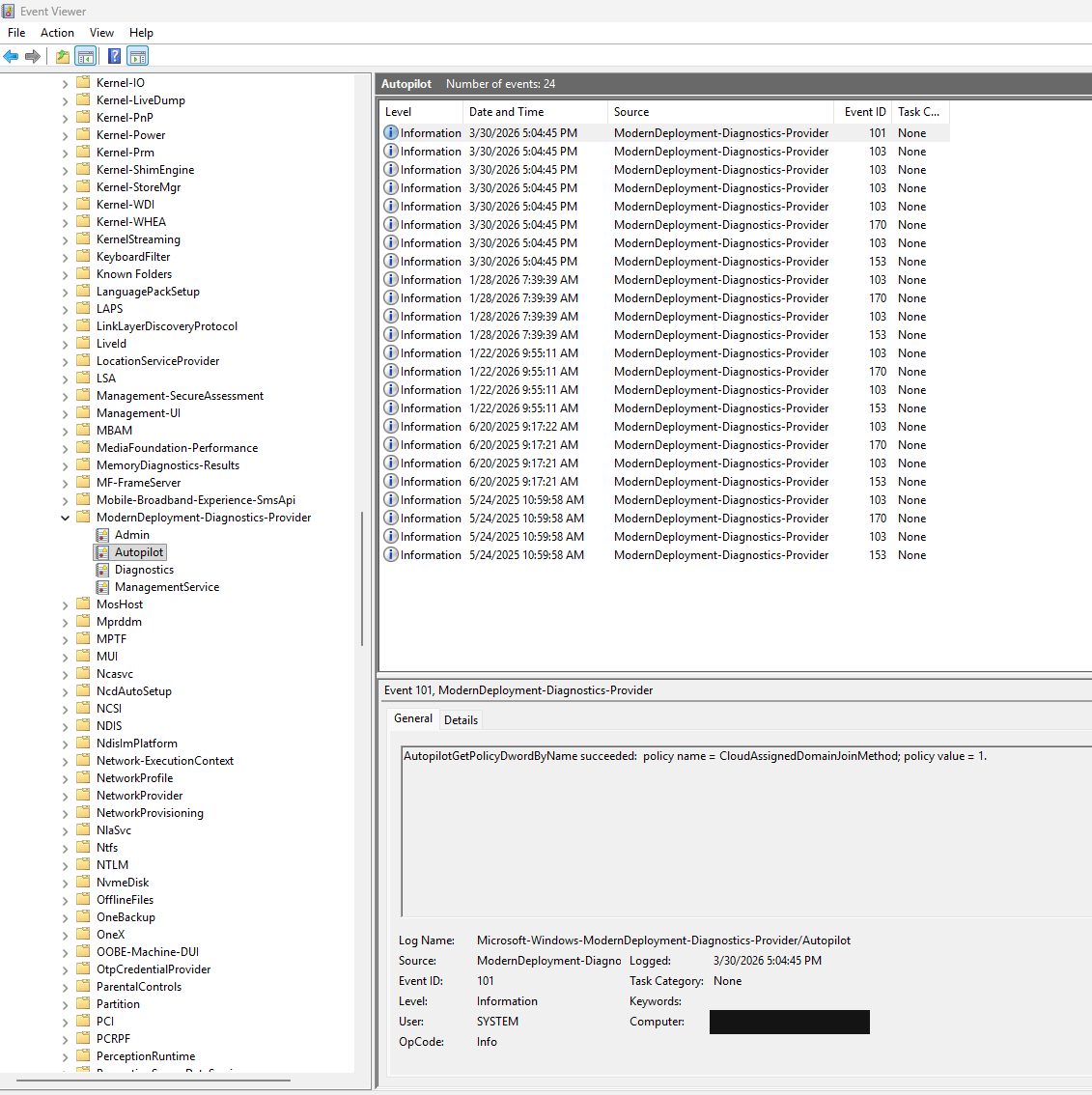 Event Viewer showing the ModernDeployment-Diagnostics-Provider Autopilot event log channel
