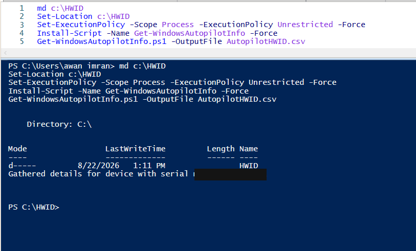 PowerShell terminal output of Get-WindowsAutopilotInfo.ps1 capturing a new hardware hash
