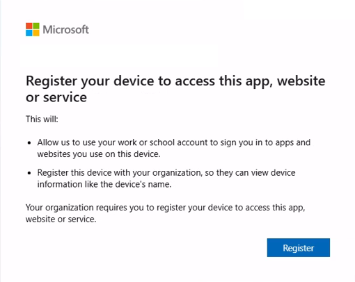 Microsoft dialog titled Register your device to access this app, website or service, with a blue Register button