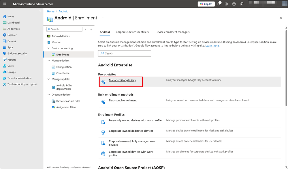 Microsoft Intune admin center, Android Enrollment page, with the Managed Google Play item under Prerequisites highlighted