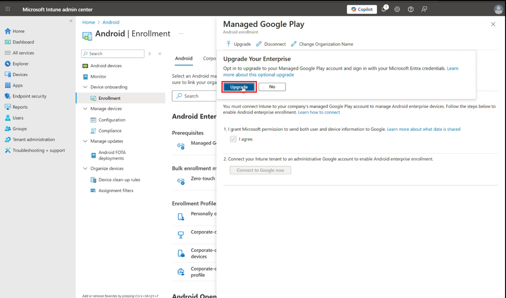 Managed Google Play pane in Intune with an Upgrade Your Enterprise dialog offering Upgrade and No buttons