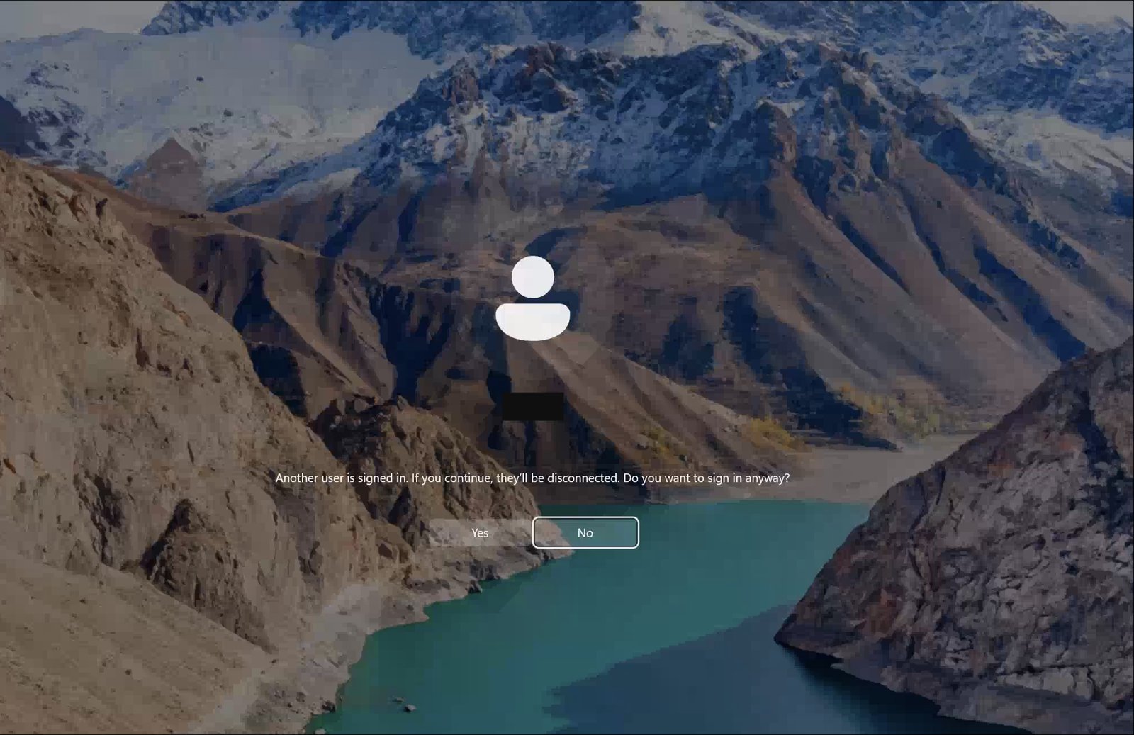 Windows lock screen showing a sign-in conflict prompt naming the incoming helper account