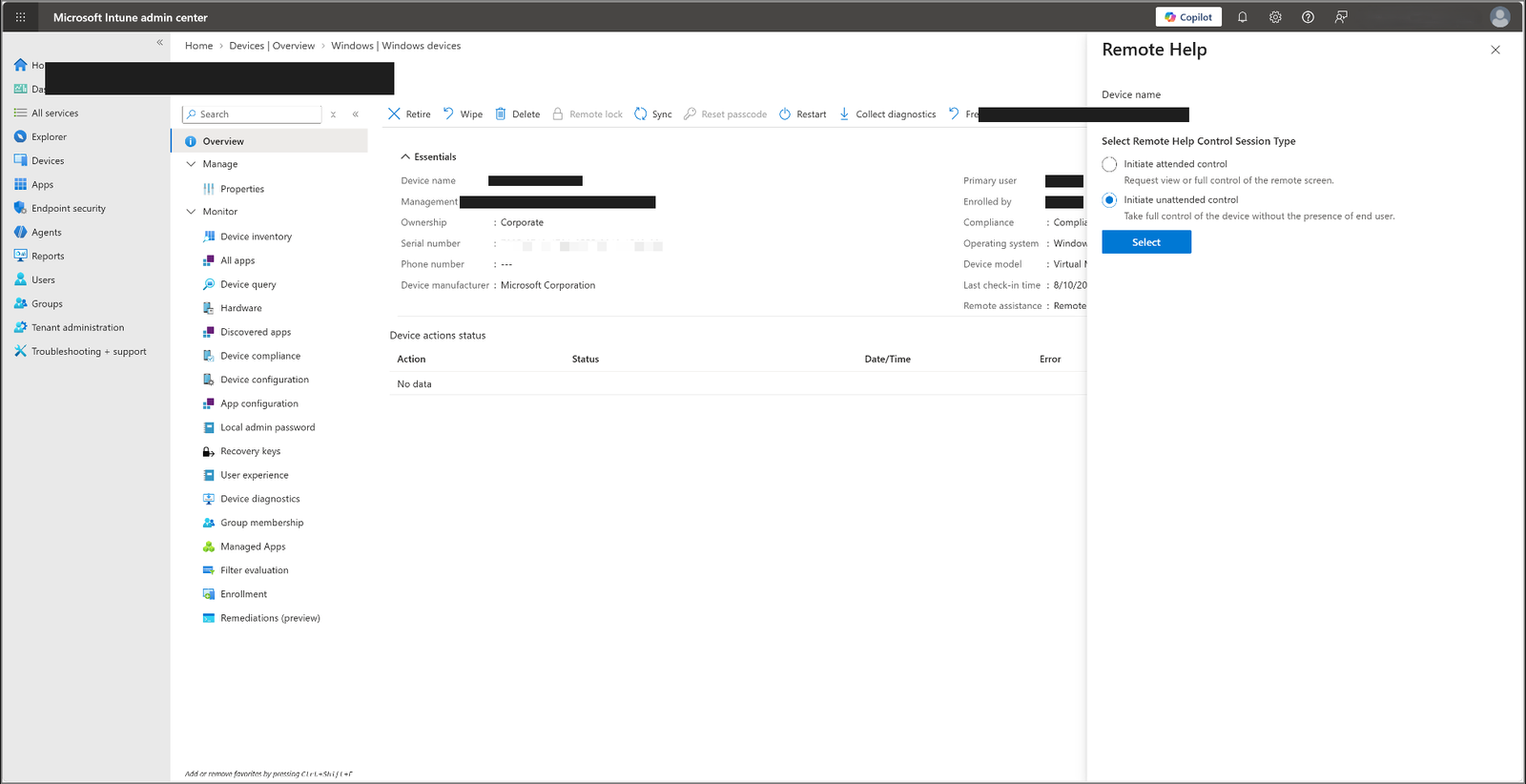 Intune admin center Remote Help panel on a Corporate device with Initiate unattended control selected