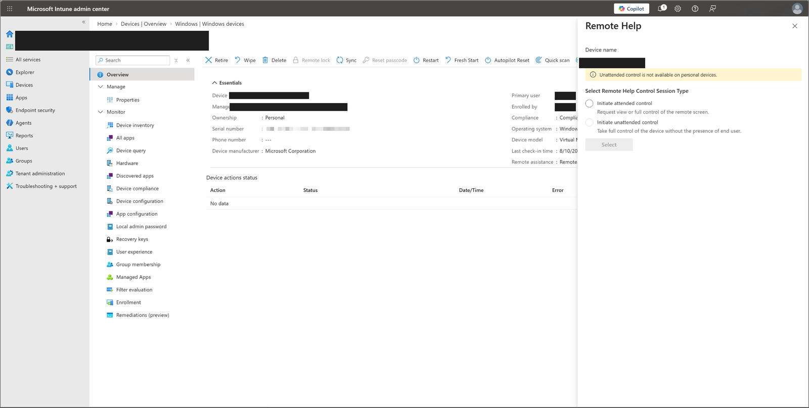 Intune admin center showing Unattended control is not available on personal devices