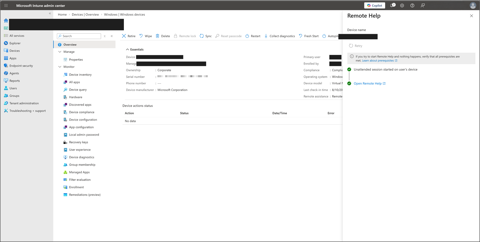 Intune admin center showing a green checkmark and the message Unattended session started on user's device