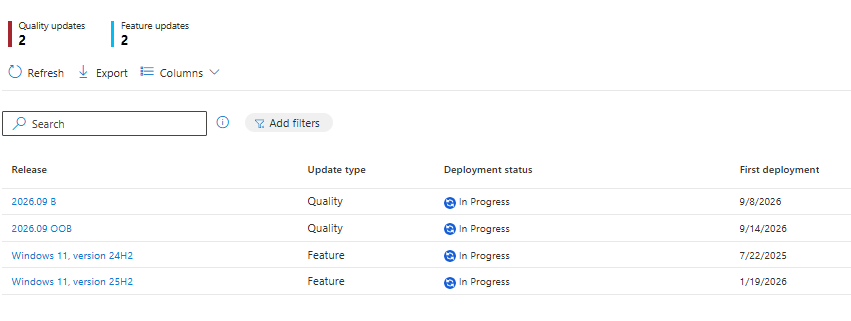 Windows Autopatch Release management showing 2026.09 B and 2026.09 OOB both In Progress as separate quality update entries