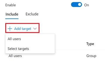 Passkey FIDO2 settings Enable and target tab showing the Add target dropdown with All users and Select targets options
