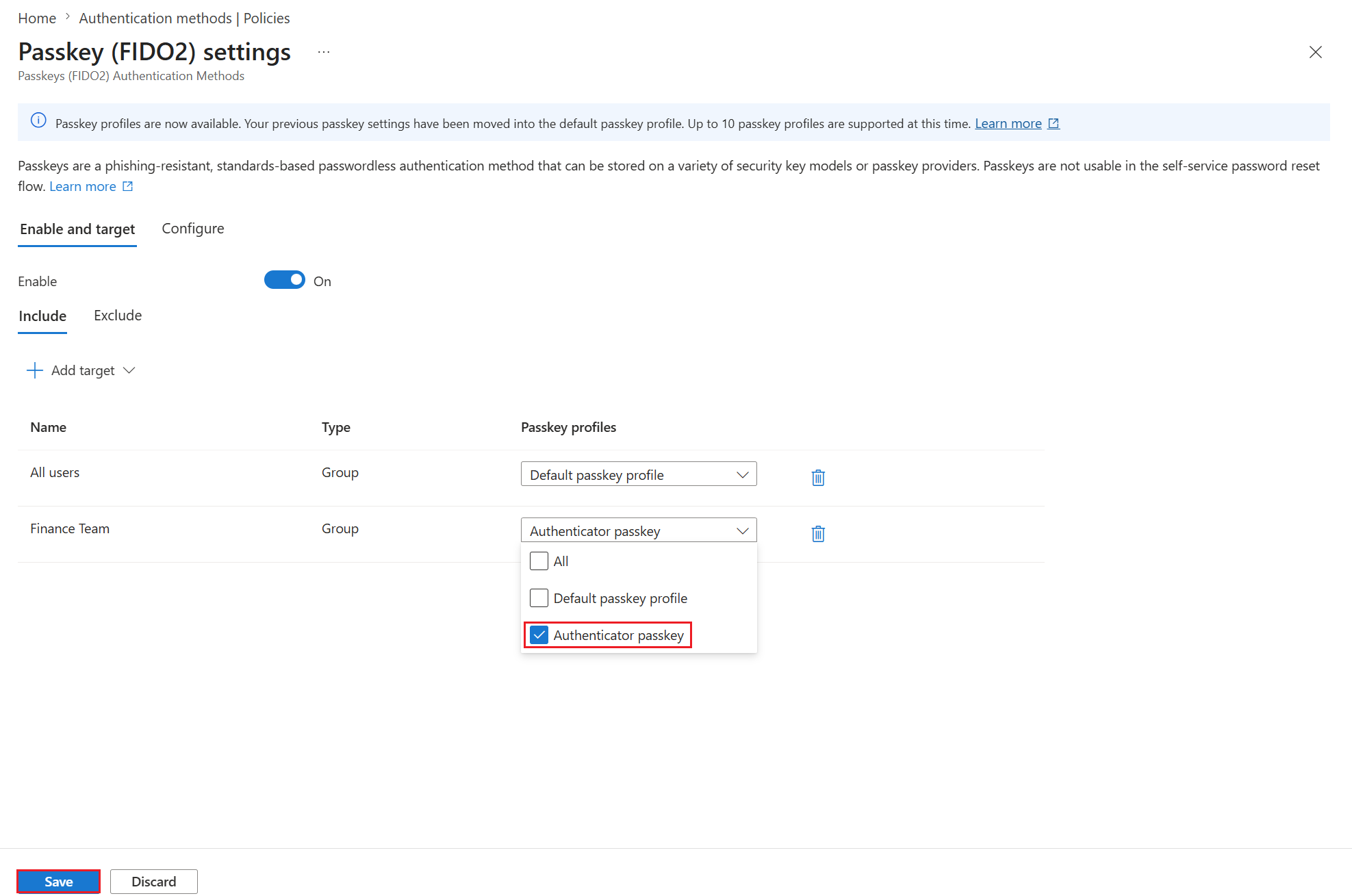 Passkey FIDO2 settings Enable and target tab showing All users with Default passkey profile and Finance Team with Authenticator passkey profile selected