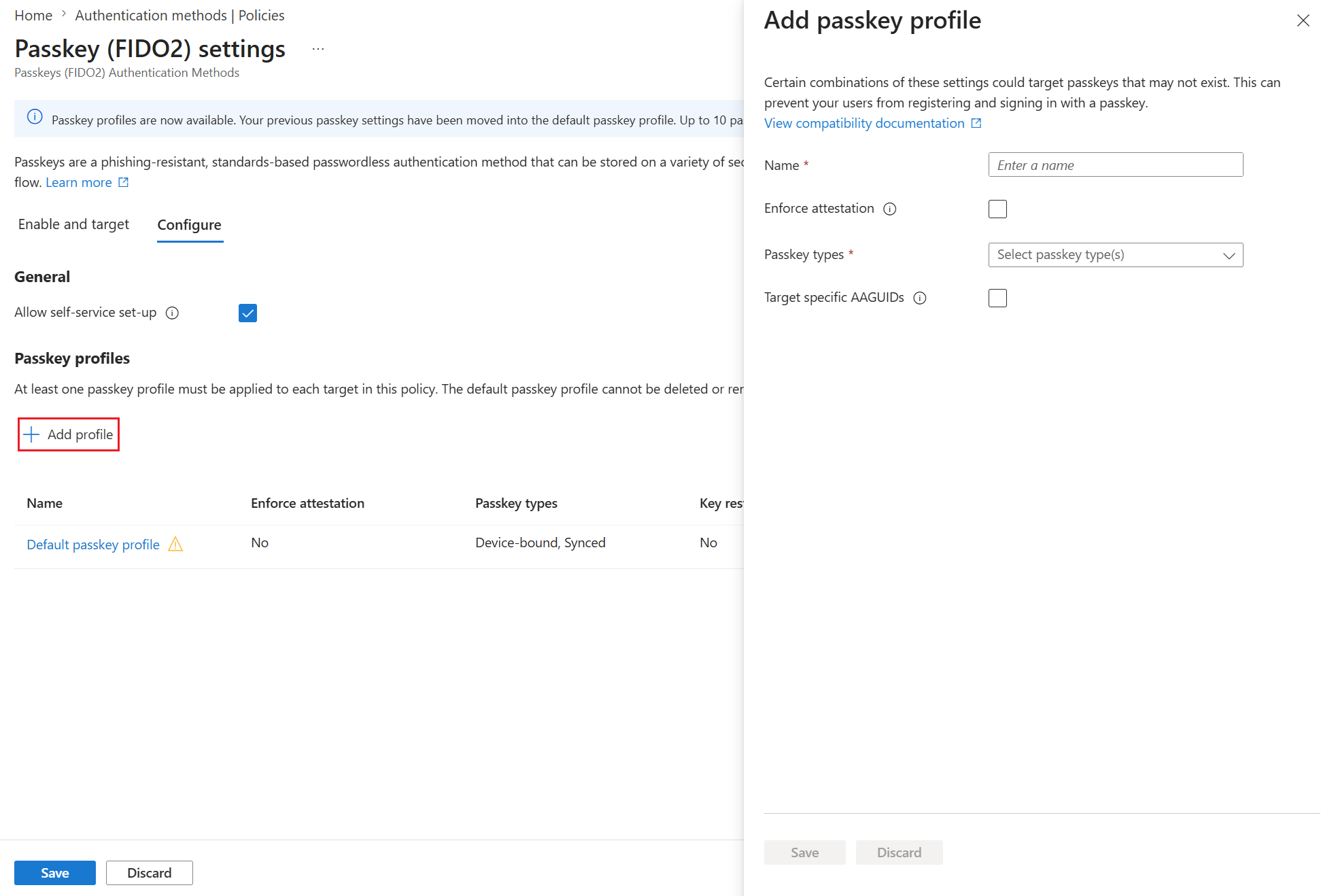 Passkey FIDO2 settings Configure tab showing the Add profile button and Default passkey profile row
