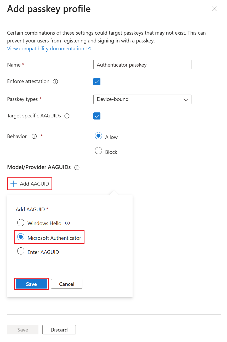 Add passkey profile panel with Authenticator passkey name, attestation enforced, and Microsoft Authenticator AAGUID selected