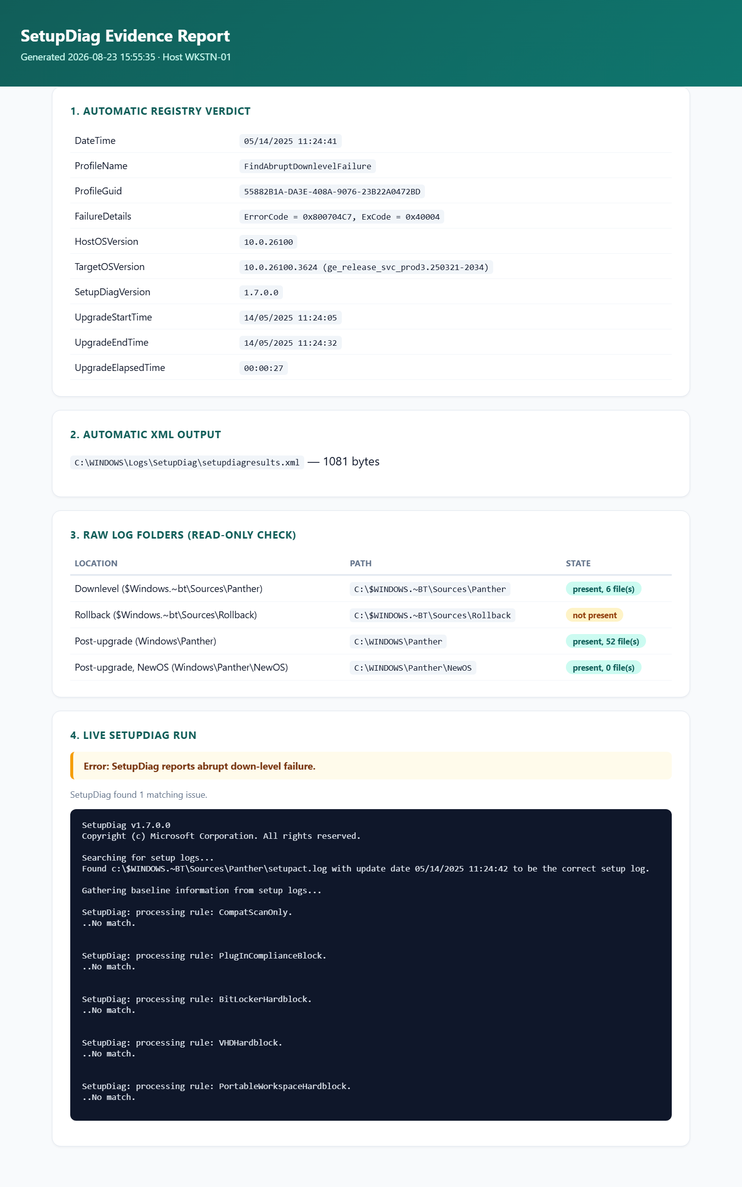 Get-SetupDiagEvidence.ps1 HTML report: automatic registry verdict, XML output, raw log folder discovery, and a live SetupDiag re-run, all in one self-contained page