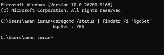 Command prompt showing dsregcmd status pipe findstr NgcSet returning NgcSet YES on Windows 11 build 26200