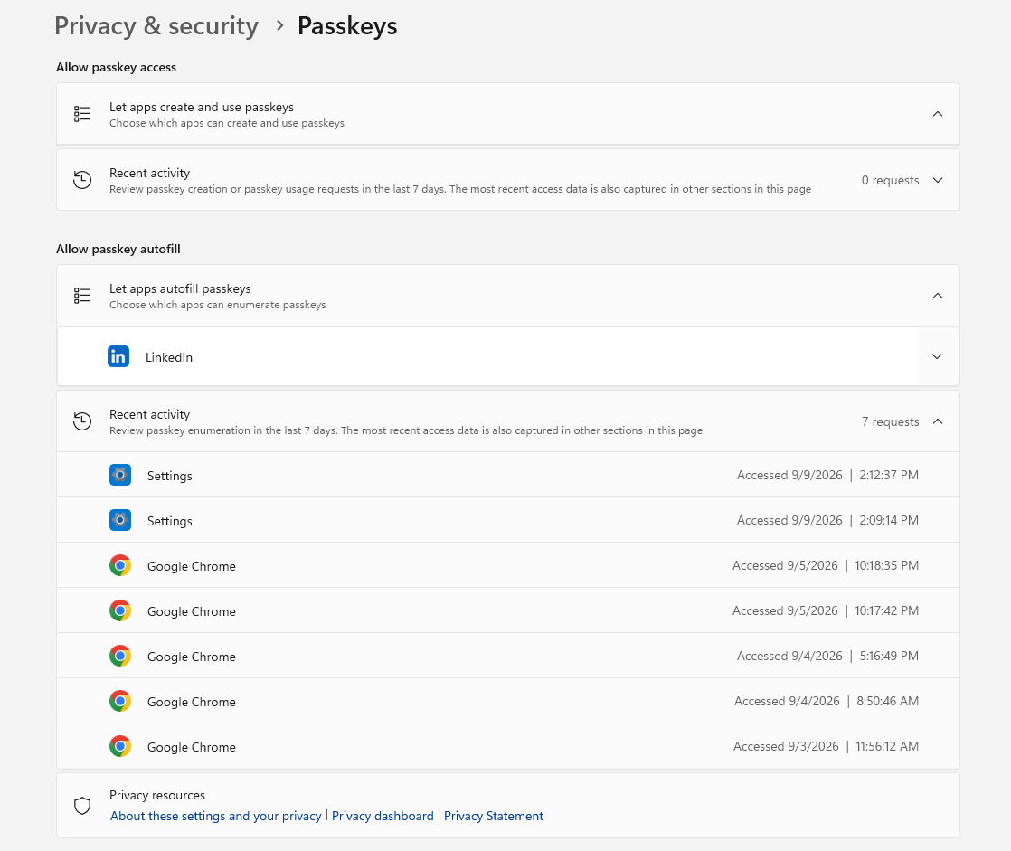 Settings Privacy and security Passkeys page on Windows 11 24H2 showing Allow passkey access, Allow passkey autofill with LinkedIn listed, and recent activity from Settings and Google Chrome