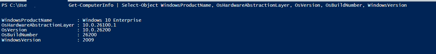 Real PowerShell capture of Get-ComputerInfo output, username redacted
