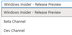 Real capture of the Select pre-release channel dropdown showing Windows Insider - Release Preview, Beta Channel, and Dev Channel